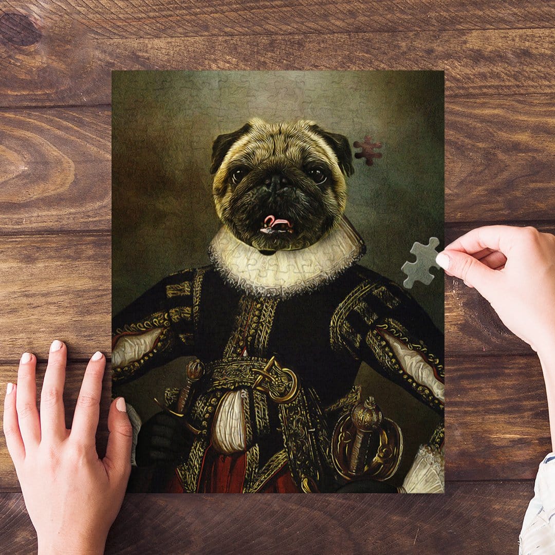 Personalized 'William Dogspeare' renaissance pug pet puzzle with a missing piece.