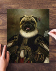 Personalized 'William Dogspeare' renaissance pug pet puzzle with a missing piece.