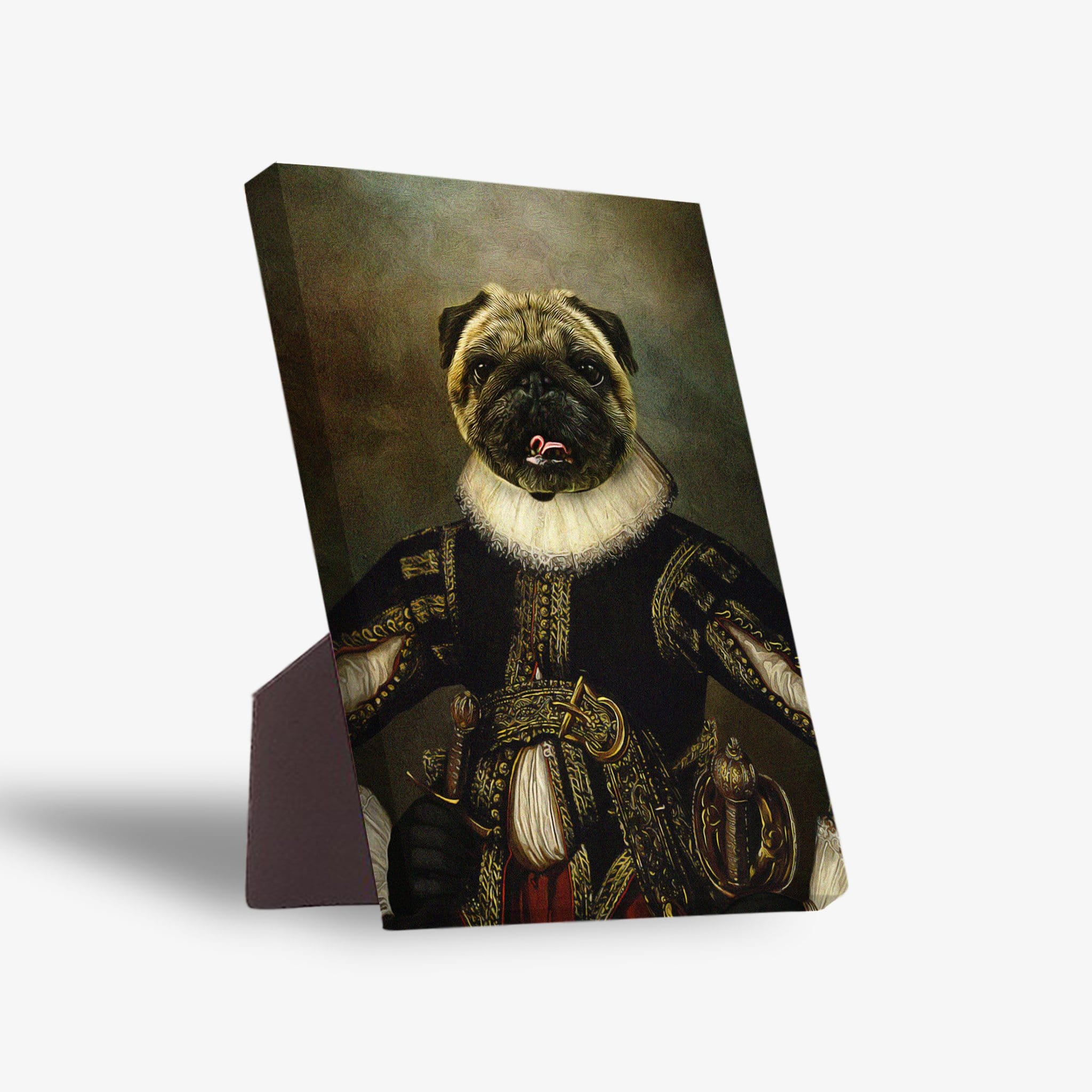 William Dogspeare personalized pug pet portrait on a standing canvas, featuring a pug in historical attire.