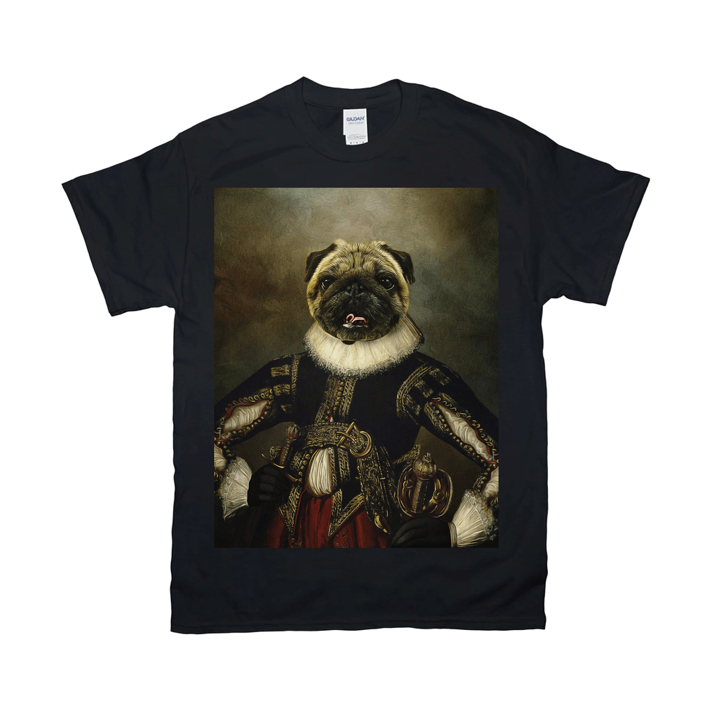 Black Gildan t-shirt featuring a pug's head on a historical portrait of a man in a blue and red suit.