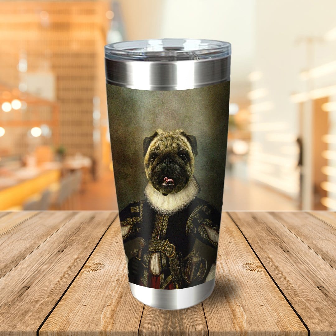 Personalized stainless steel tumbler with a royal renaissance portrait of a pug dog.