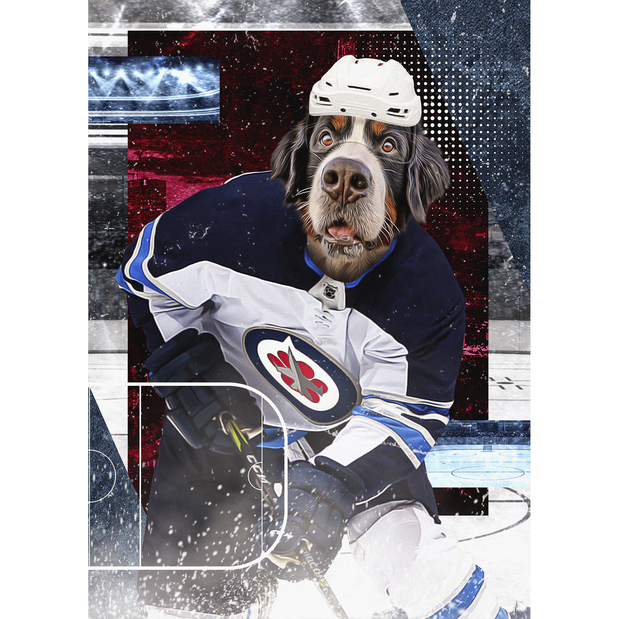 Personalized digital portrait of a dog in a Winnipeg Jets hockey uniform.