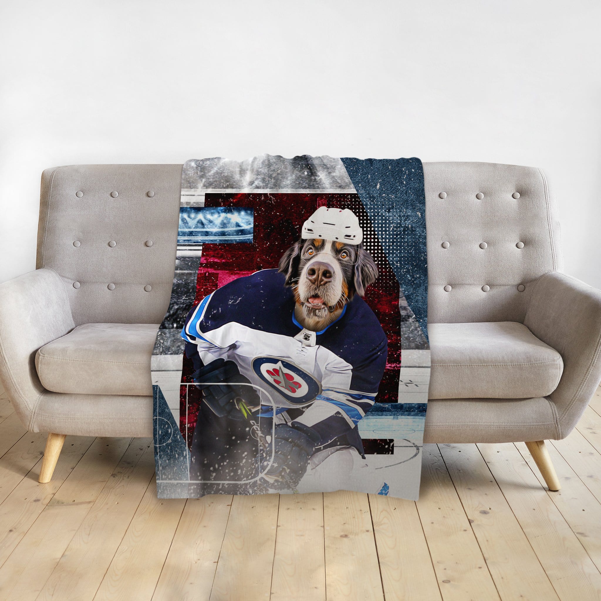 Personalized pet blanket with a Bernese Mountain Dog in a hockey uniform.