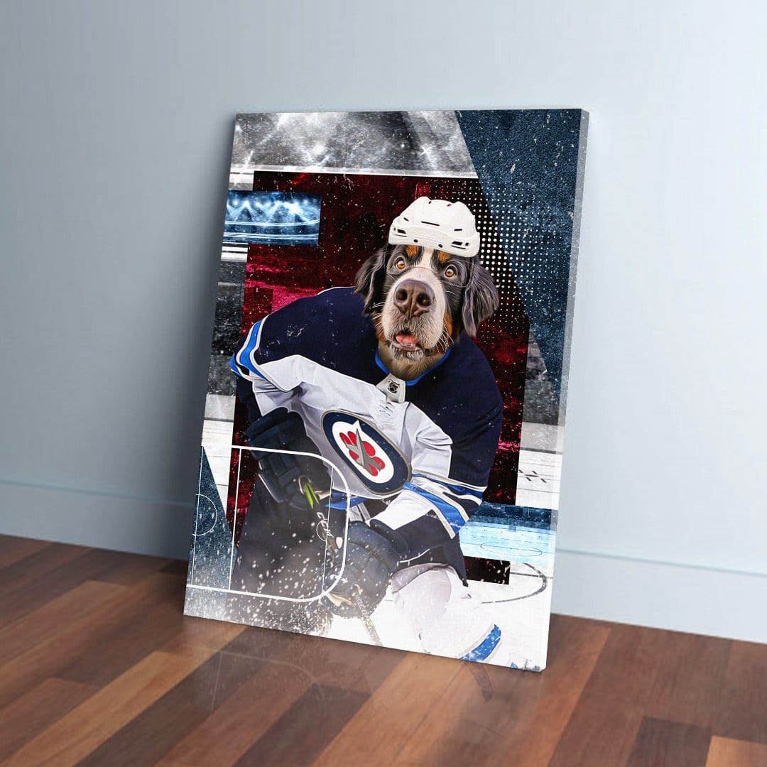 Personalized pet canvas featuring a dog in a Winnipeg Doggos hockey uniform, white helmet, and blue jersey.