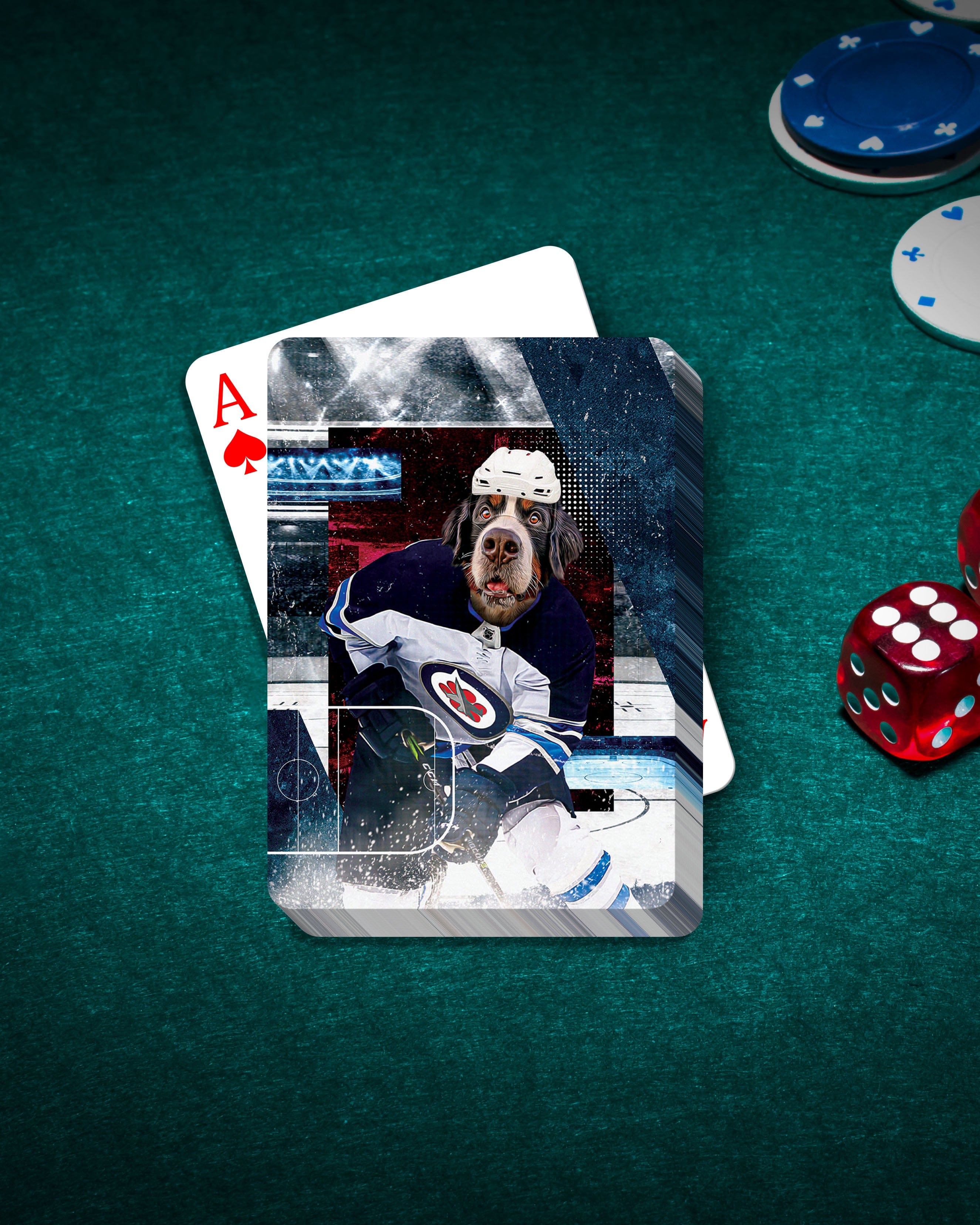Personalized playing cards featuring a custom dog portrait in a hockey uniform on a green felt table with chips and dice.