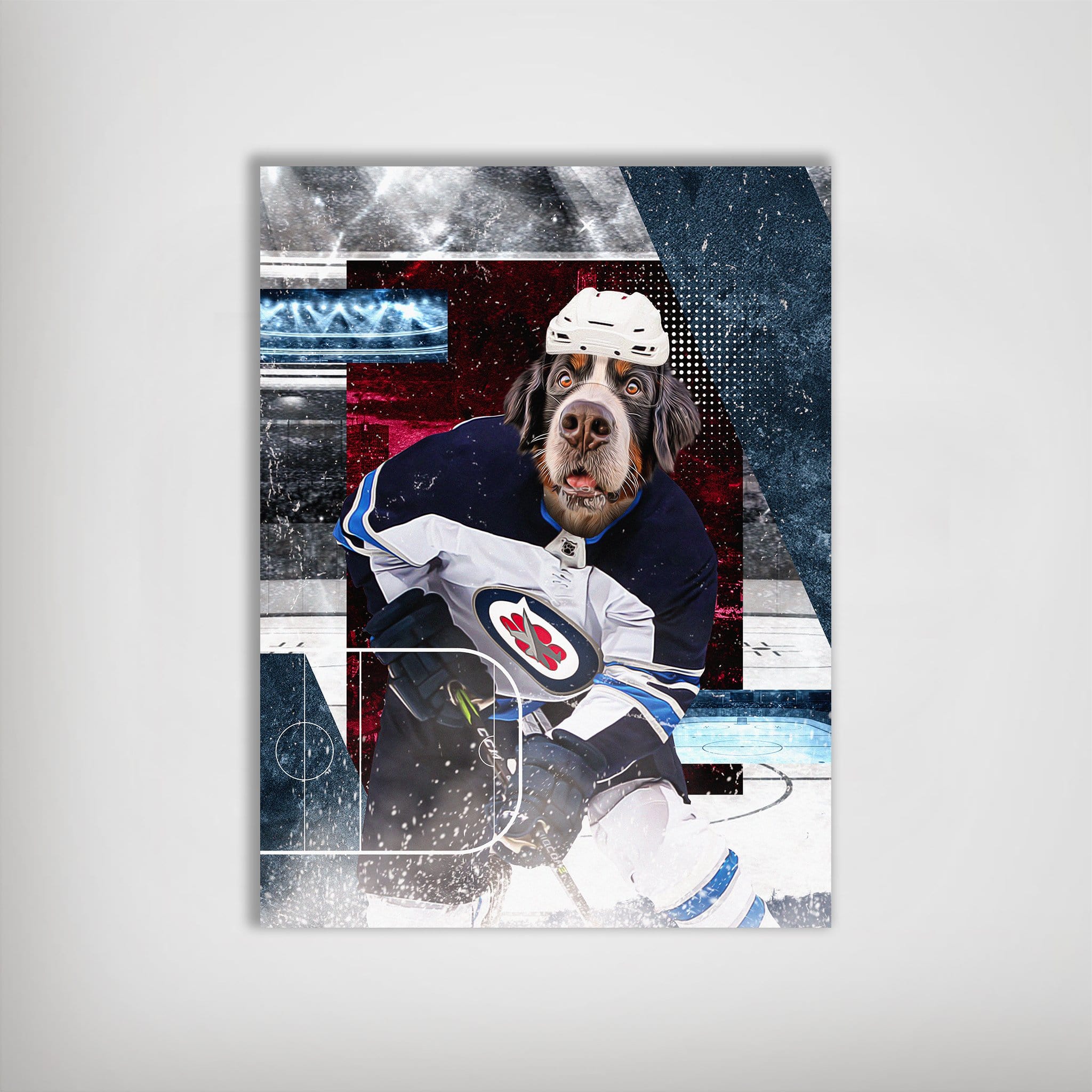Personalized 'Winnepeg Doggos Hockey' pet poster featuring a Bernese Mountain Dog in a blue and white jersey.