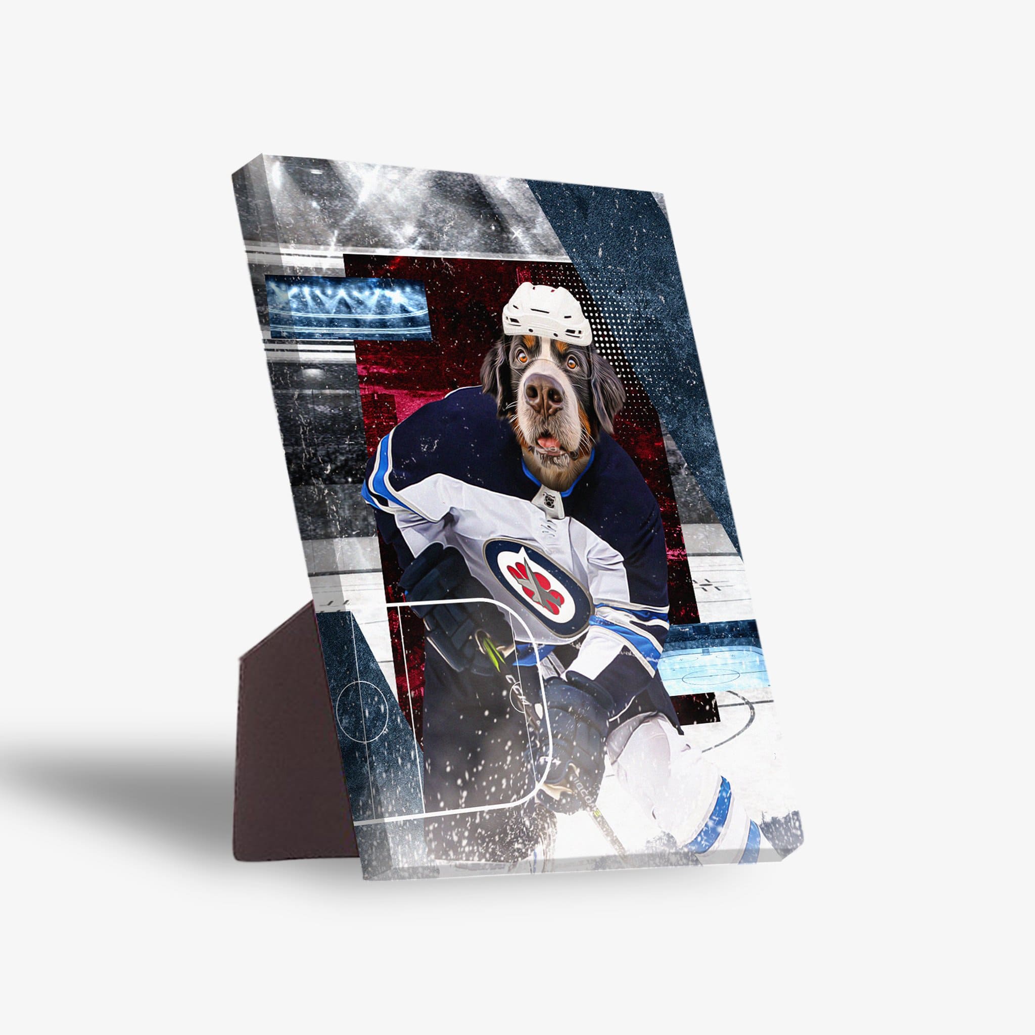 Personalized pet standing canvas featuring a dog in a Winnipeg Doggos hockey goalie uniform.
