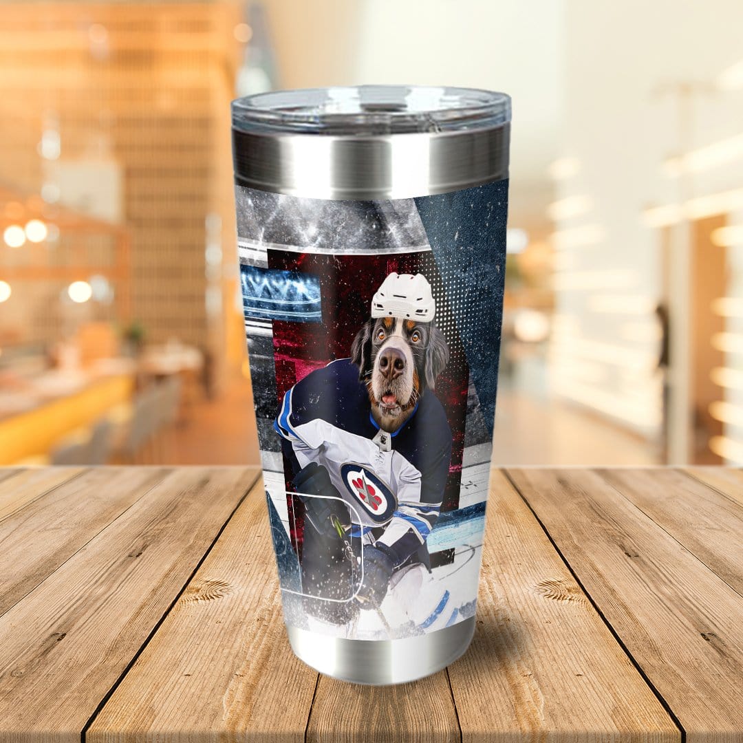 Personalized stainless steel tumbler with a custom dog portrait in a hockey uniform.