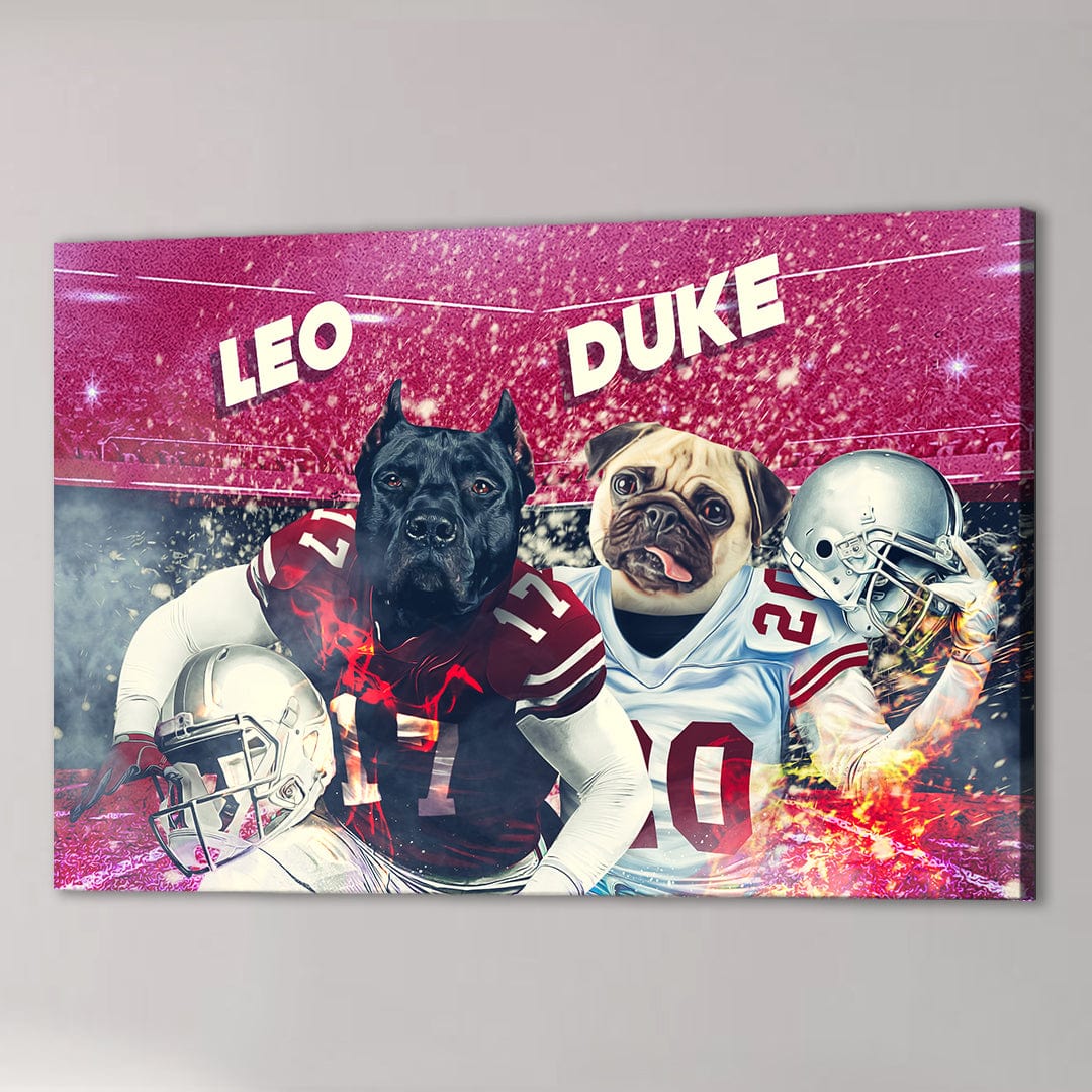 Custom canvas featuring a black Cane Corso and a fawn Pug in football uniforms with names "Leo" and "Duke.
