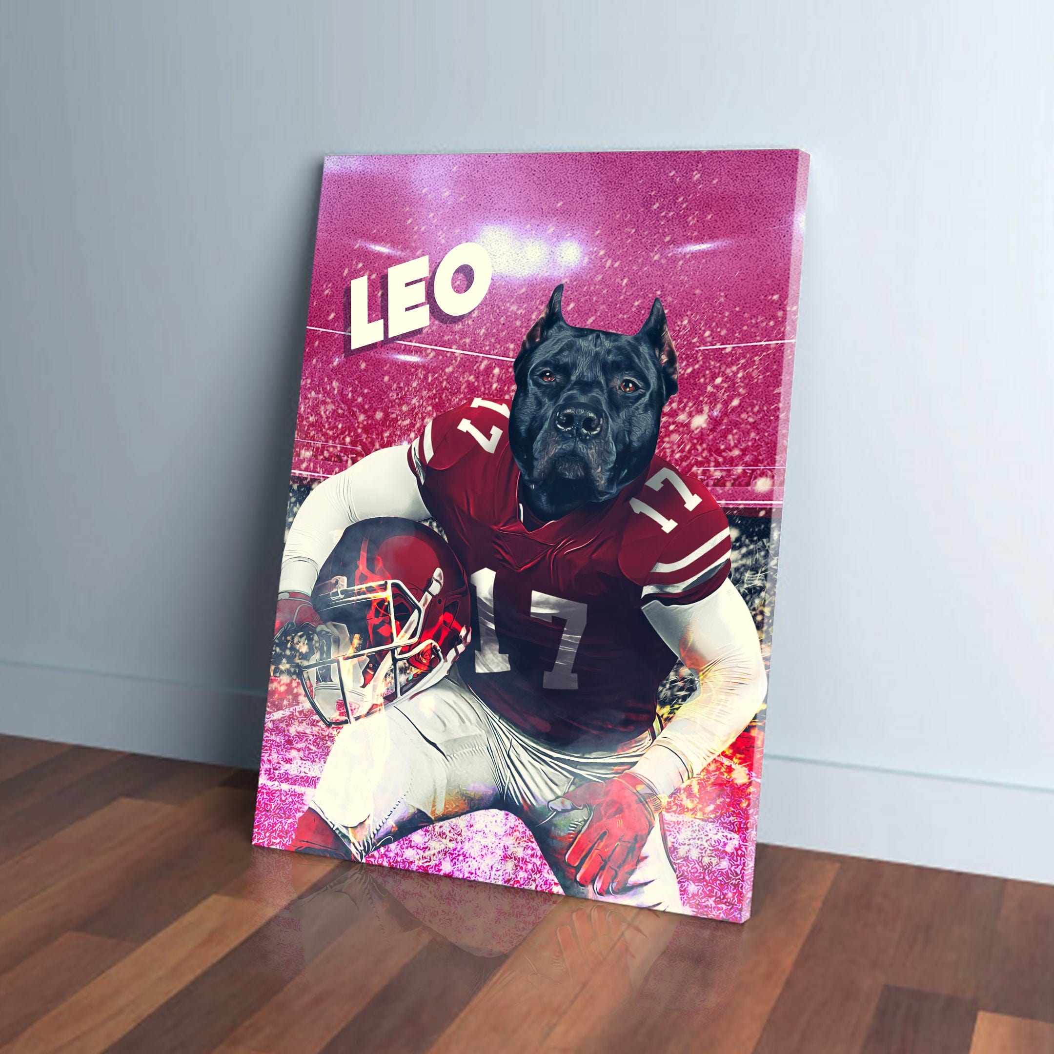 Personalized pet canvas featuring a black dog in a red football uniform with "LEO" and "17" on a pink stadium background.