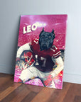 Personalized pet canvas featuring a black dog in a red football uniform with "LEO" and "17" on a pink stadium background.