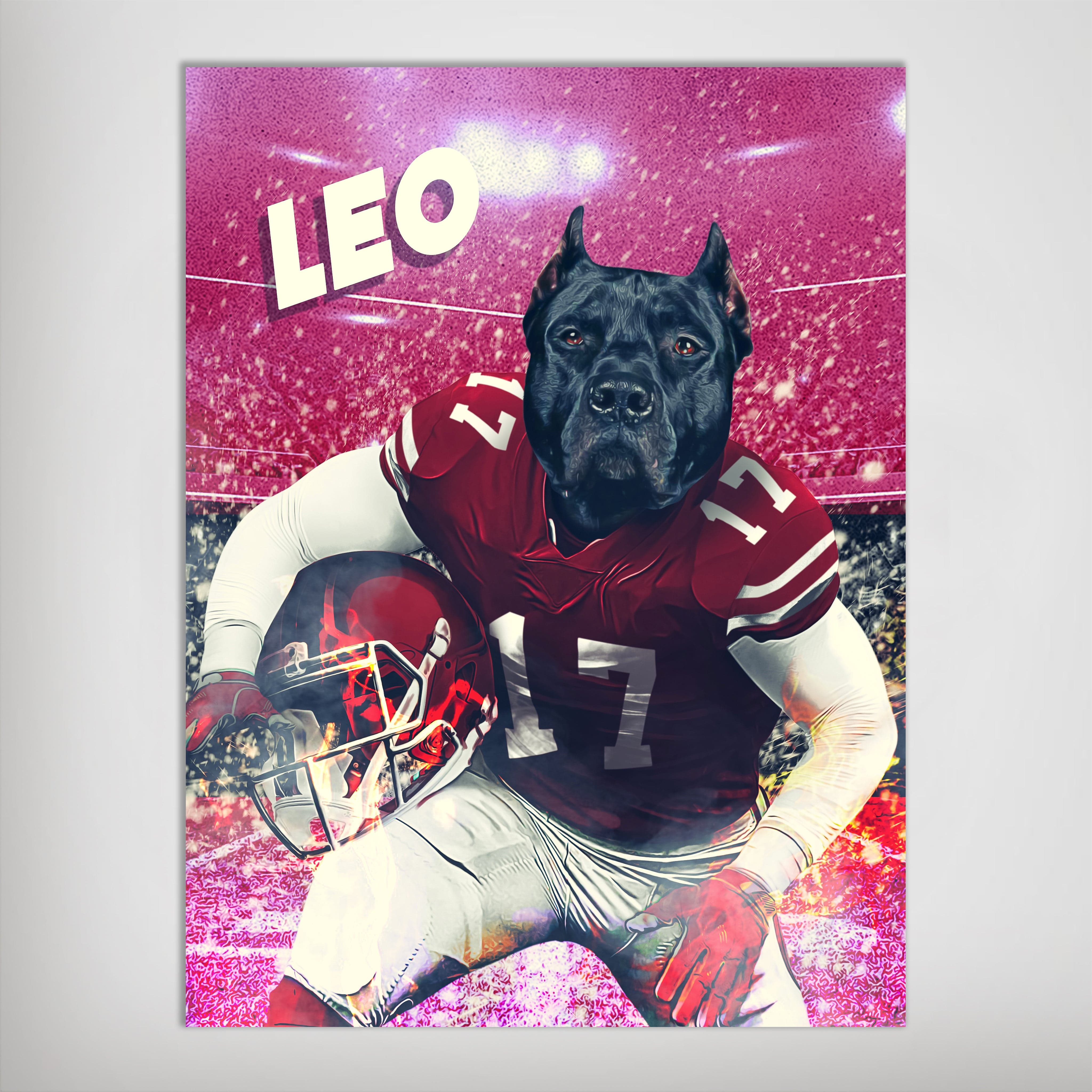 Personalized 'Wisconsin Doggos' pet poster featuring a black dog in a red football uniform with a helmet.