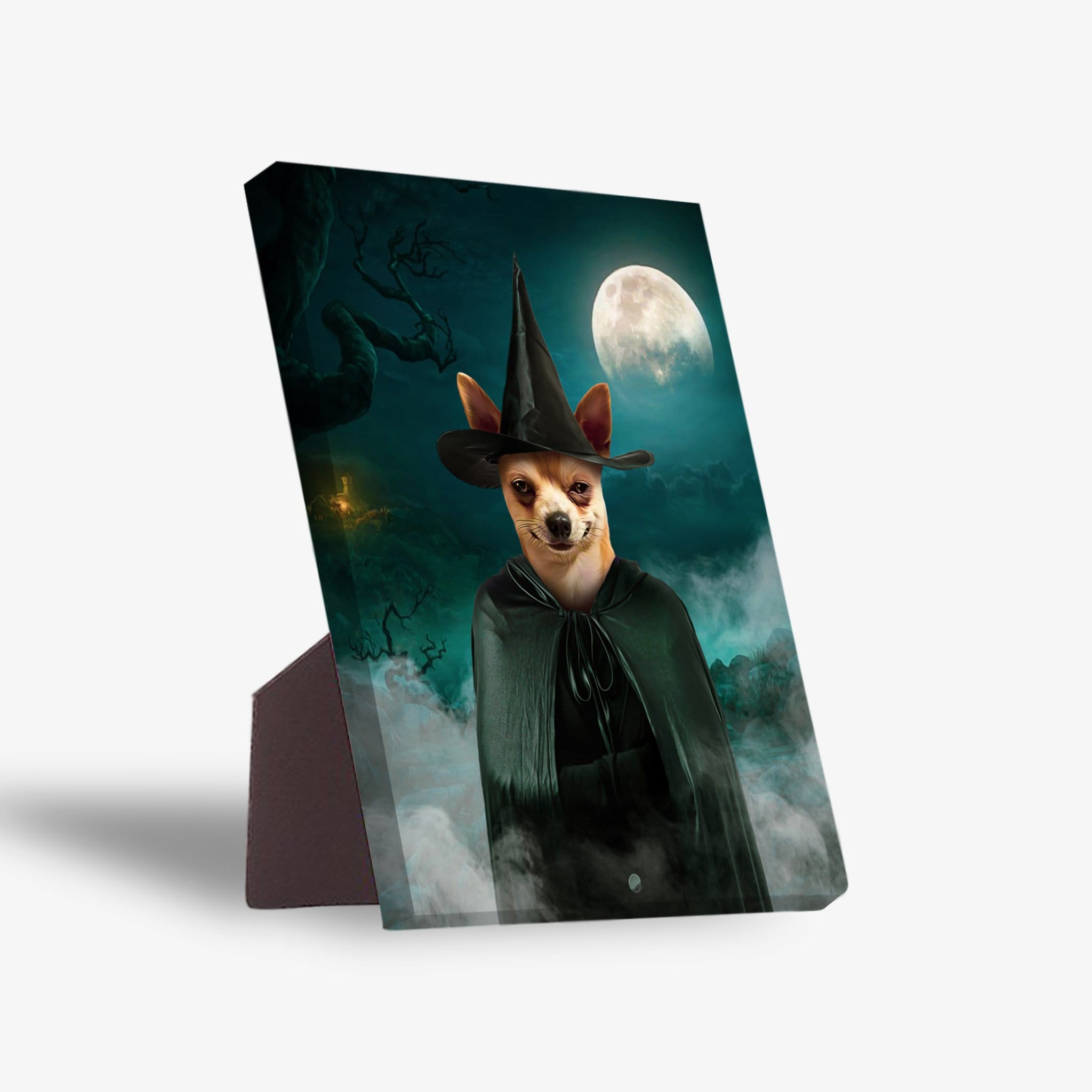 Personalized pet standing canvas featuring a chihuahua in a witch hat and cape under a full moon.