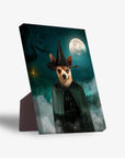 Personalized pet standing canvas featuring a chihuahua in a witch hat and cape under a full moon.