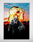 Personalized "Wolverine Dog" poster featuring a dog in a black suit with claws, against an explosion backdrop.