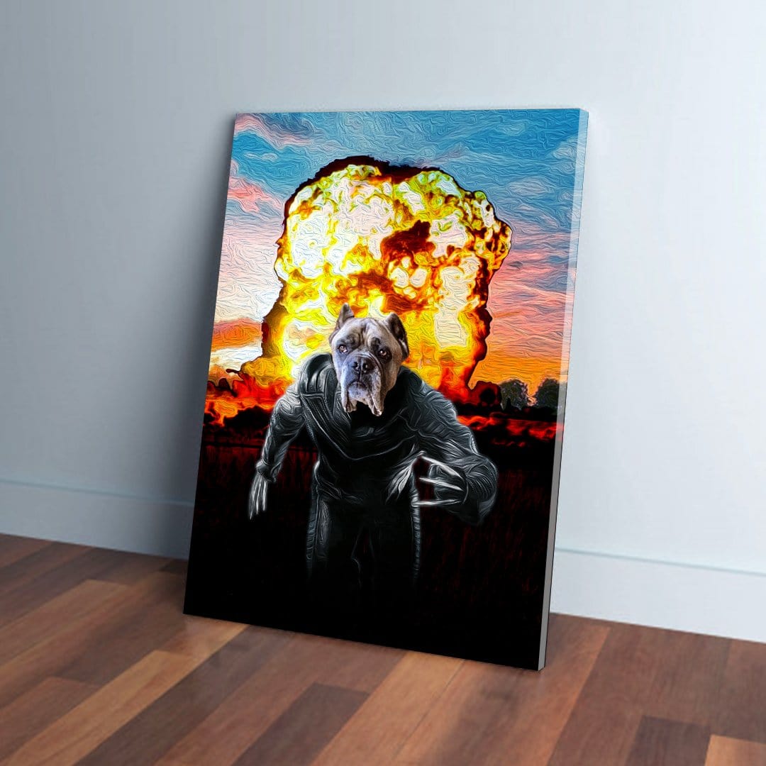 Personalized Wolverine Dog canvas featuring a pet in a superhero suit with a fiery explosion background.