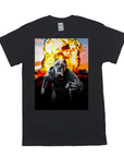 Black Gildan t-shirt with a "Wolverine Dog" design: a dog in a superhero suit with claws, against a mushroom cloud.