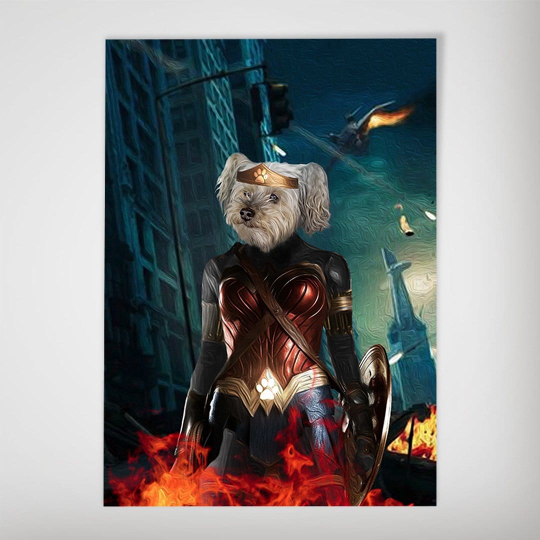 Personalized "Wonder Doggette" poster featuring a white dog in a superhero costume with a shield, standing amidst flames in a city.