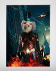 Personalized "Wonder Doggette" poster featuring a white dog in a superhero costume with a shield, standing amidst flames in a city.