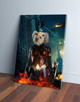 Personalized 'Wonder Doggette' pet canvas featuring a white dog in a superhero costume with a shield, surrounded by fire.