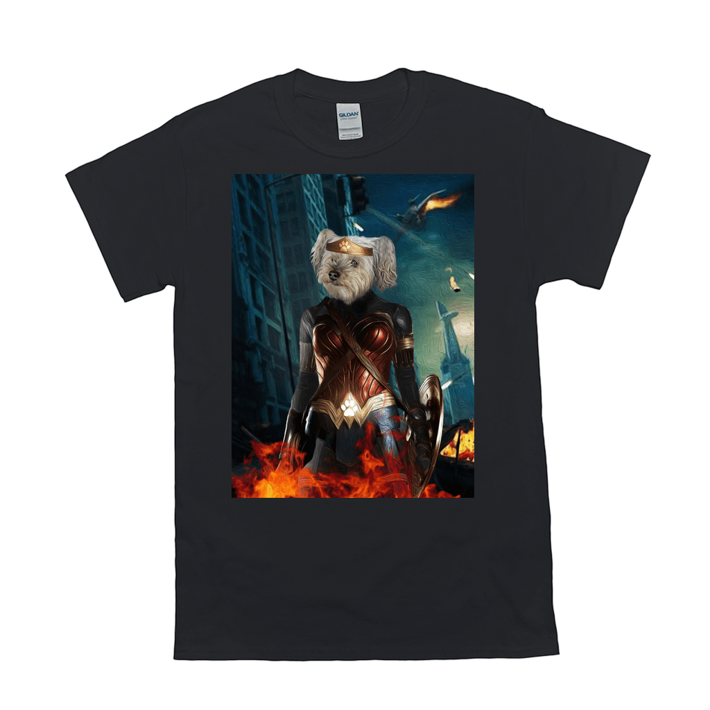 Black Gildan t-shirt with a personalized Wonder Woman dog portrait design.