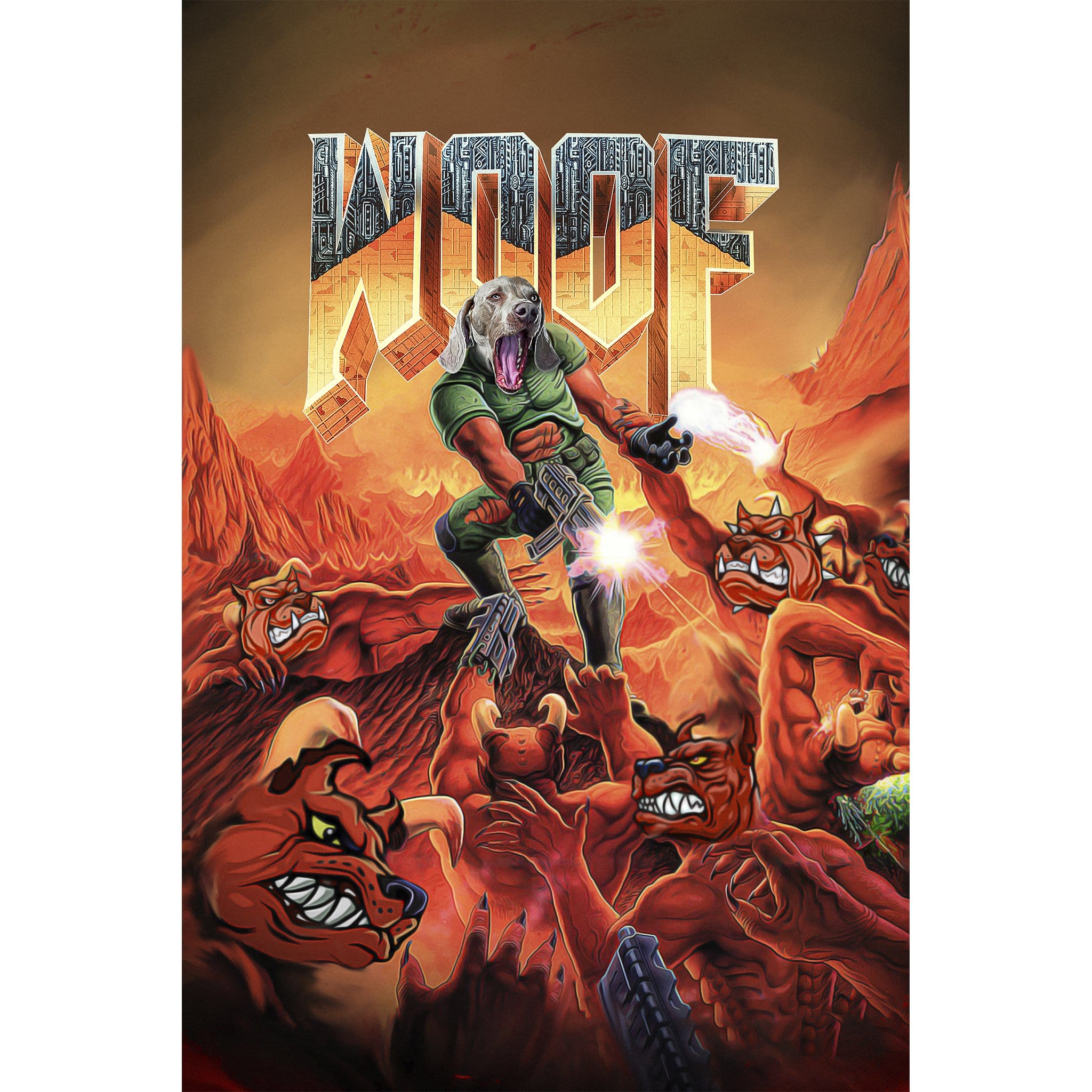 Personalized 'Woof' digital portrait featuring a dog in a Doom-style scene, battling red demons.