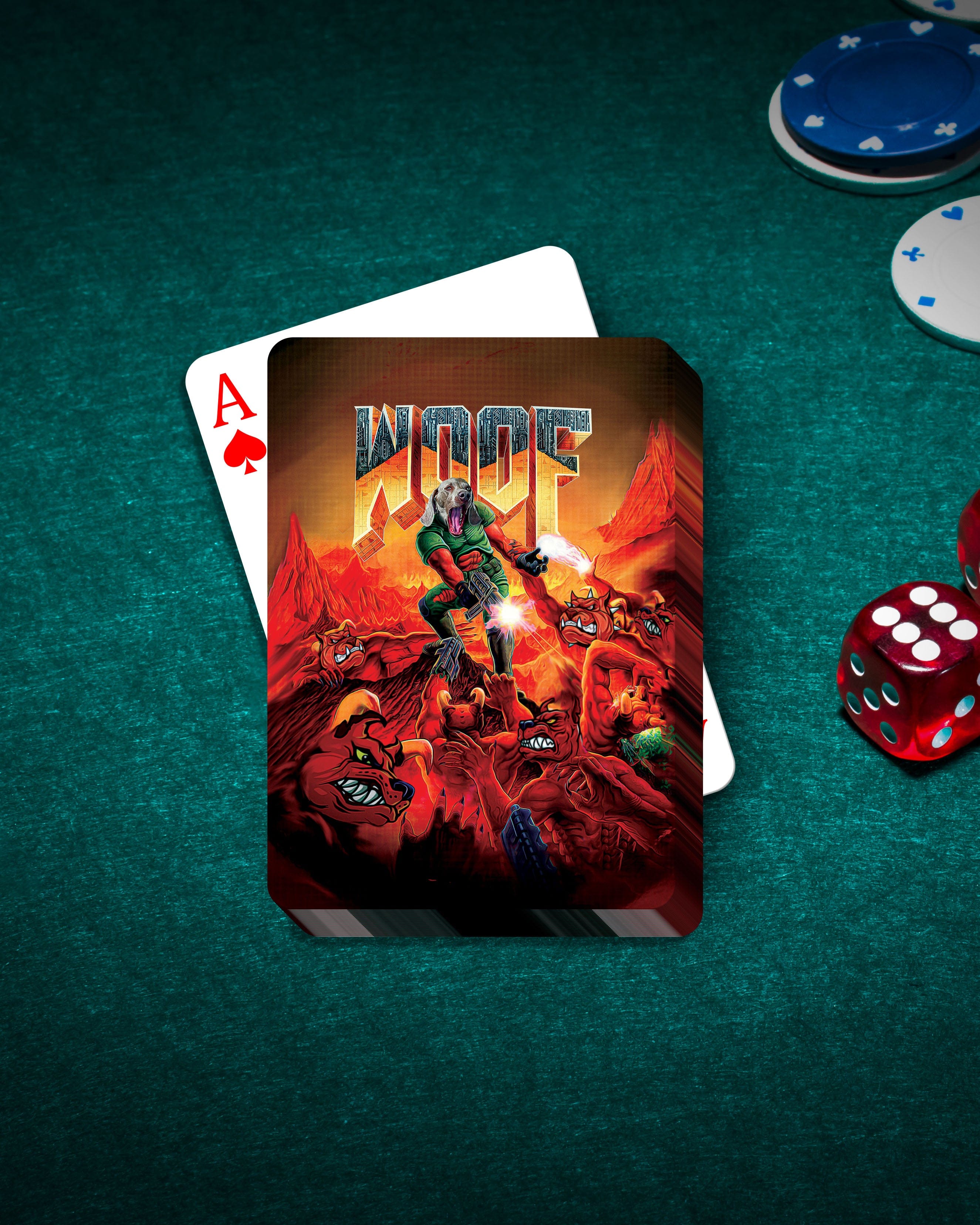 Custom pet portrait playing card featuring a dog in a "Woof" video game style, on a green felt table.