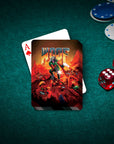 Custom pet portrait playing card featuring a dog in a "Woof" video game style, on a green felt table.