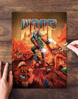 Custom pet portrait puzzle in a "Woof" Doom-style, featuring a dog hero fighting red monster dogs.