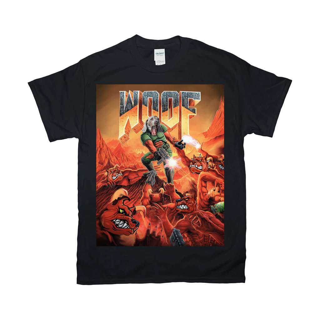 Black Gildan unisex t-shirt with a "Woof" personalized pet design featuring a dog hero fighting red monsters.