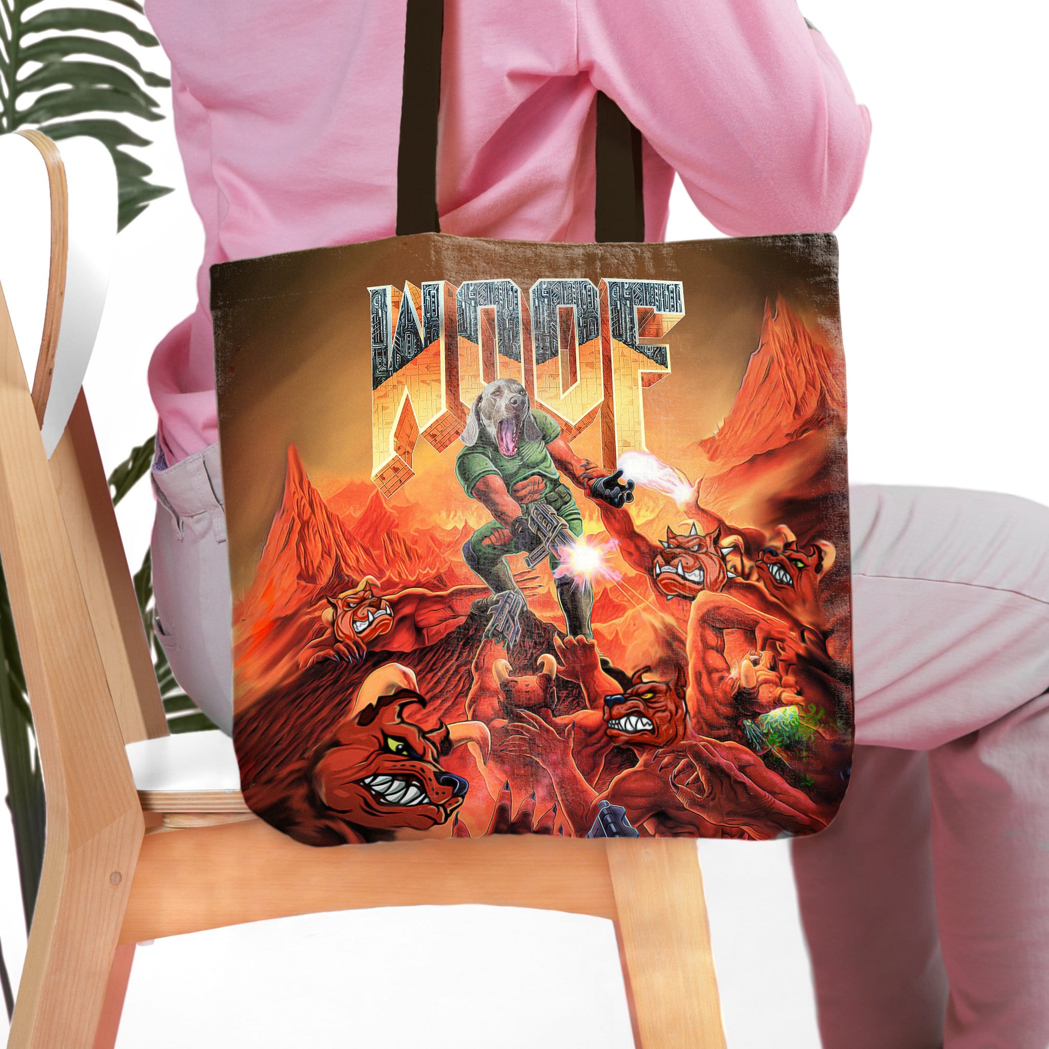 Personalized 'Woof' tote bag with a custom pet portrait in a cartoon, action-packed style.