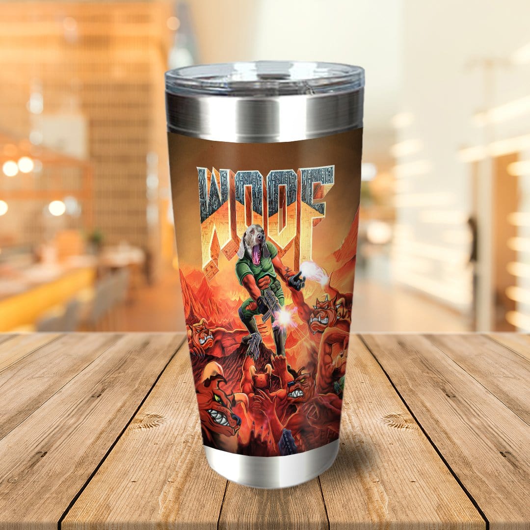Personalized stainless steel tumbler with a custom dog portrait in a Doom-style cartoon design.