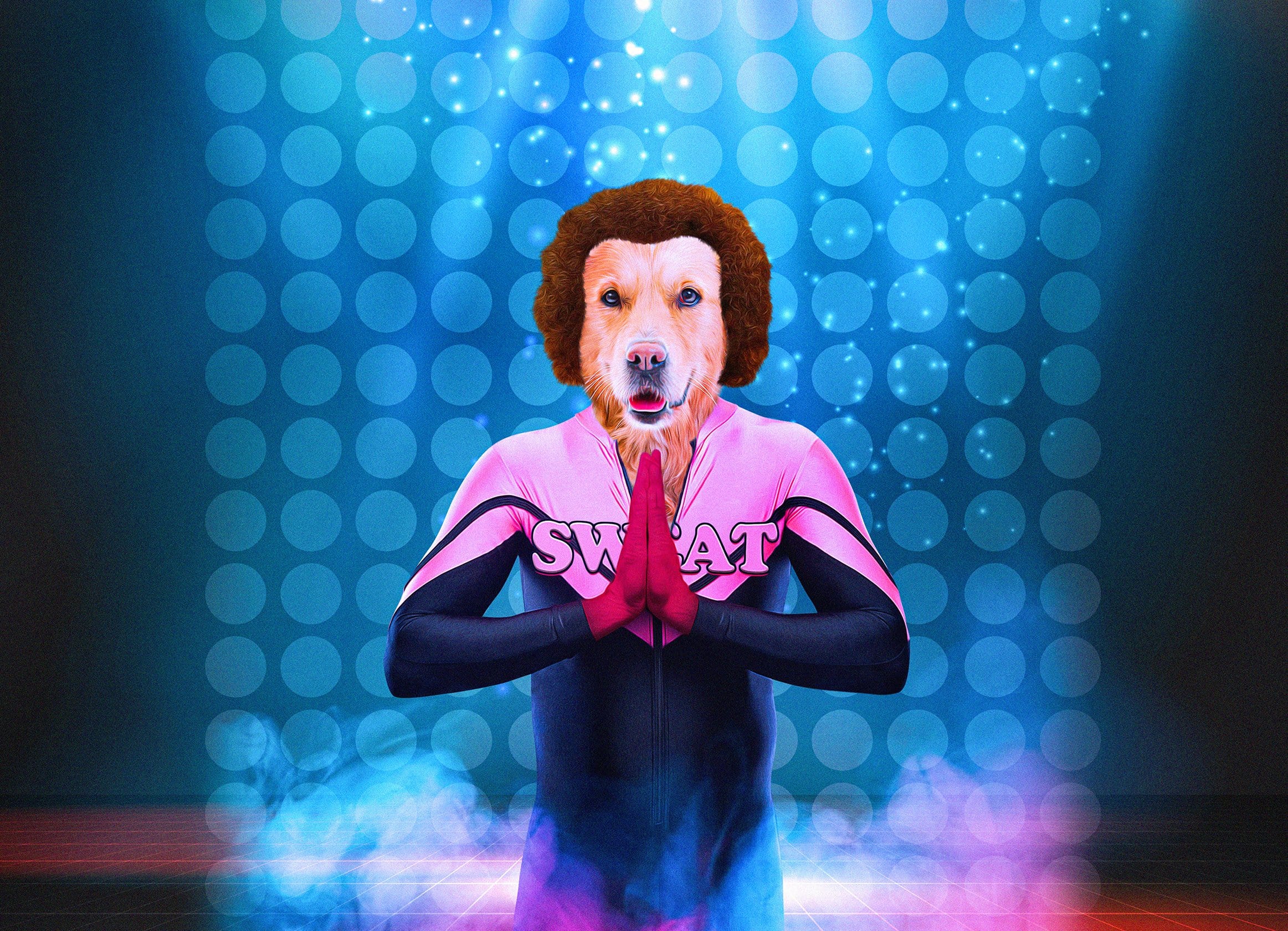 Custom digital portrait of a dog with a brown afro, wearing a pink and black "SWAT" tracksuit.
