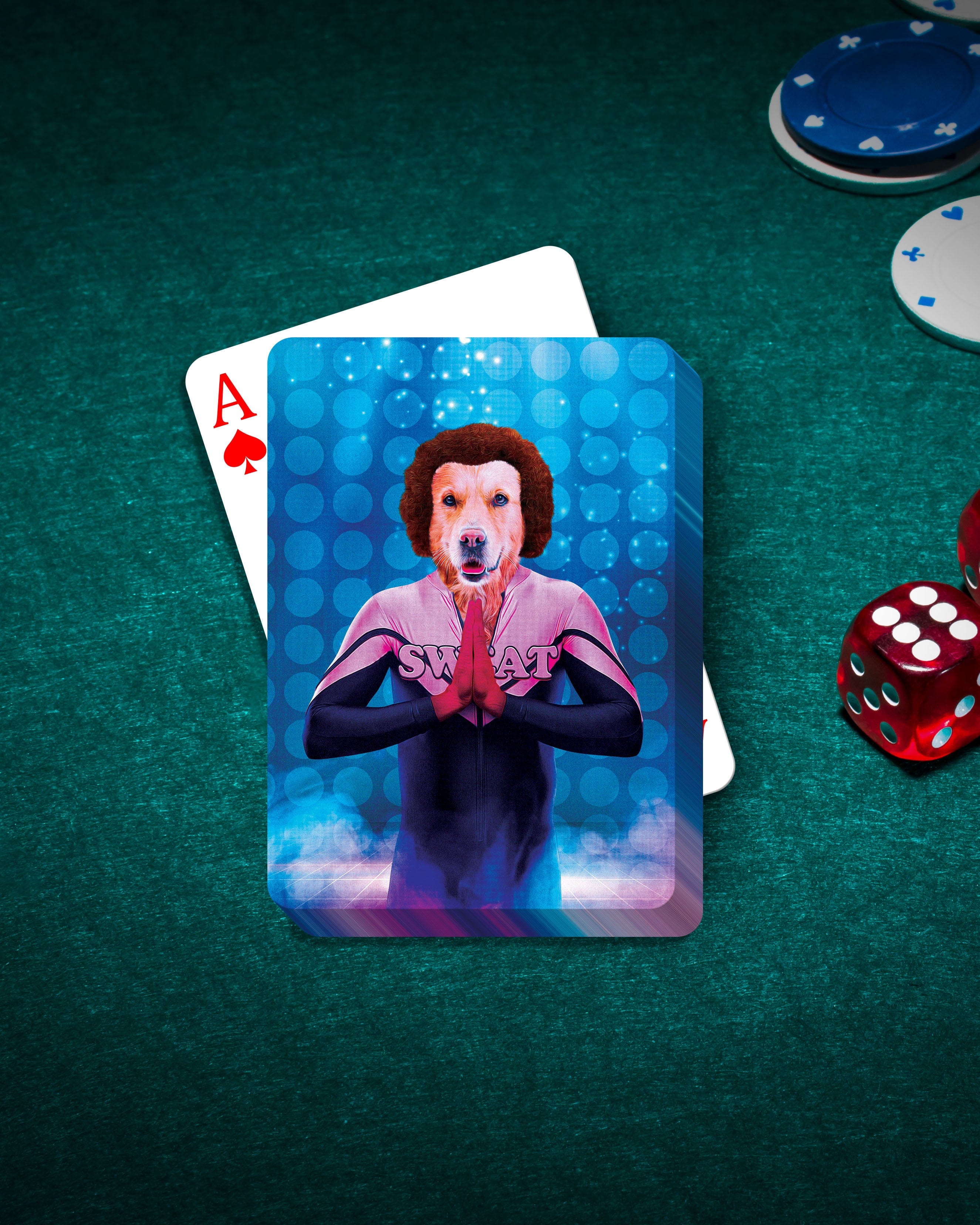 Custom personalized playing card featuring a dog's head on a human body in a "SWAT" uniform, on a green felt table with poker chips and dice.