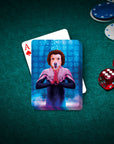 Custom personalized playing card featuring a dog's head on a human body in a "SWAT" uniform, on a green felt table with poker chips and dice.