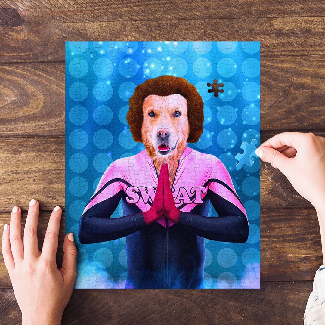 Personalized pet puzzle featuring a dog in a pink and black "SWAT" uniform with a curly wig.