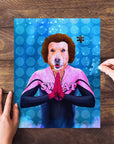 Personalized pet puzzle featuring a dog in a pink and black "SWAT" uniform with a curly wig.