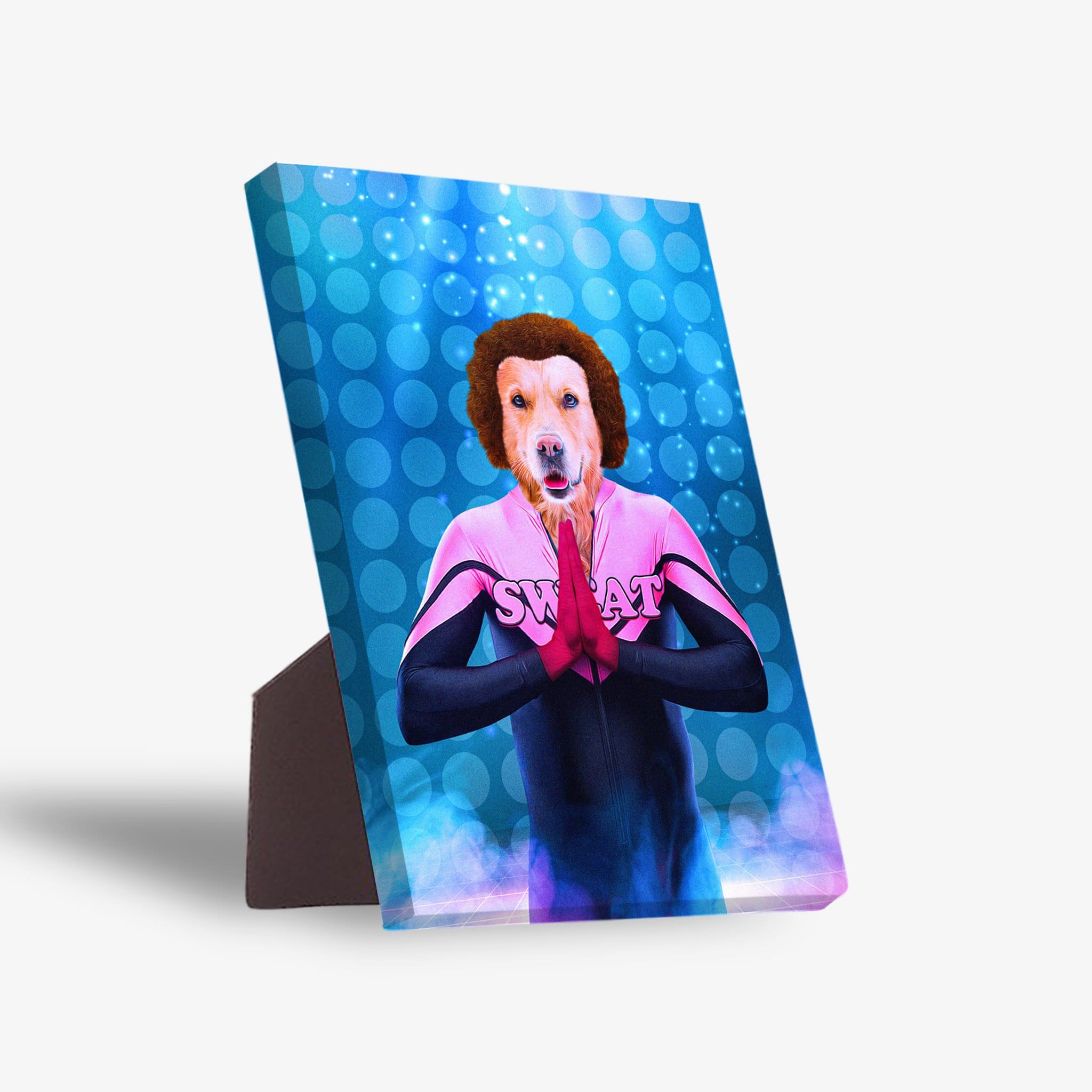Personalized pet standing canvas featuring a golden retriever in a pink and black "SWAT" uniform, with a blue bokeh background.