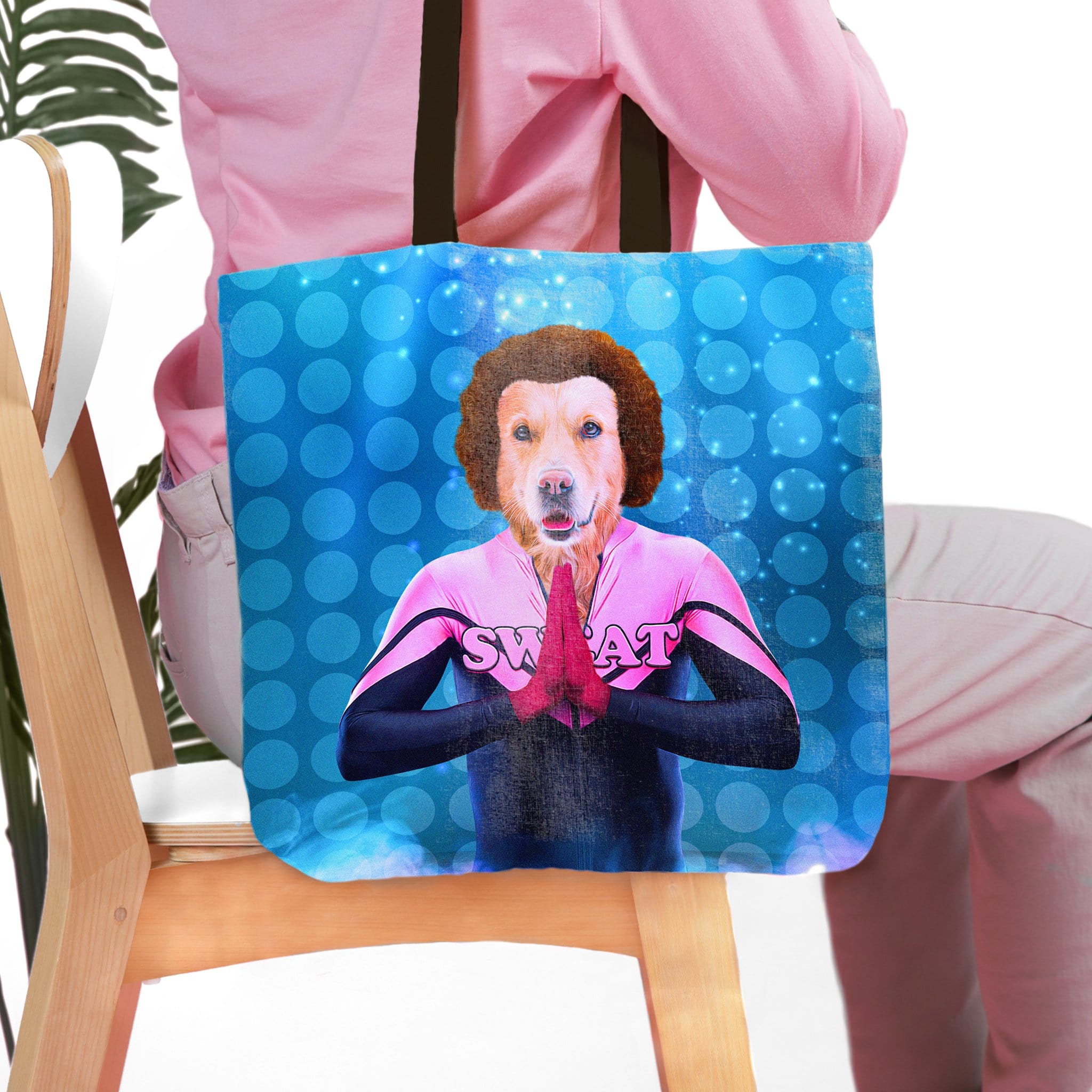 Personalized pet portrait tote bag featuring a golden retriever in a pink "SW EAT" yoga outfit.