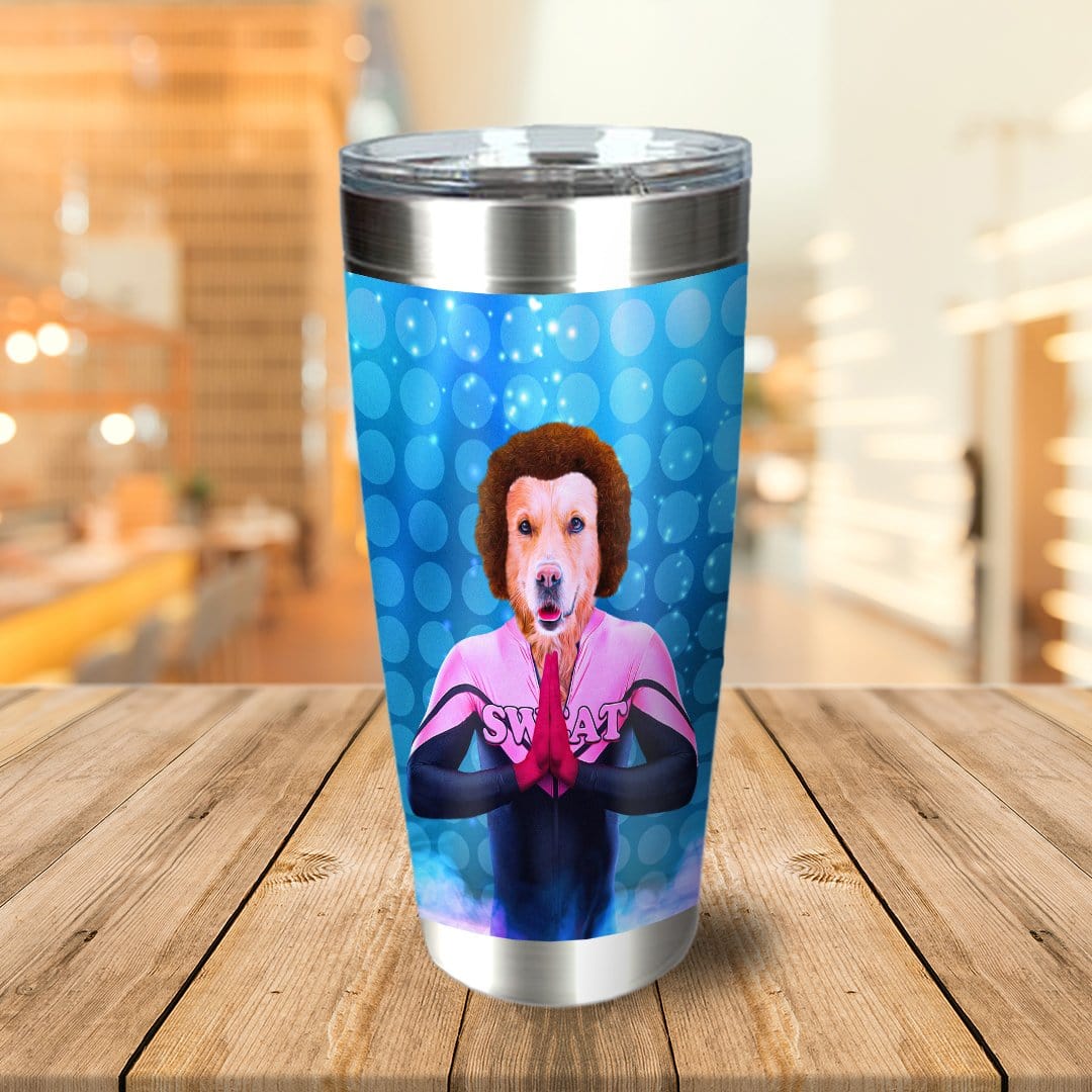 Personalized stainless steel tumbler with a custom dog portrait in a retro workout outfit.