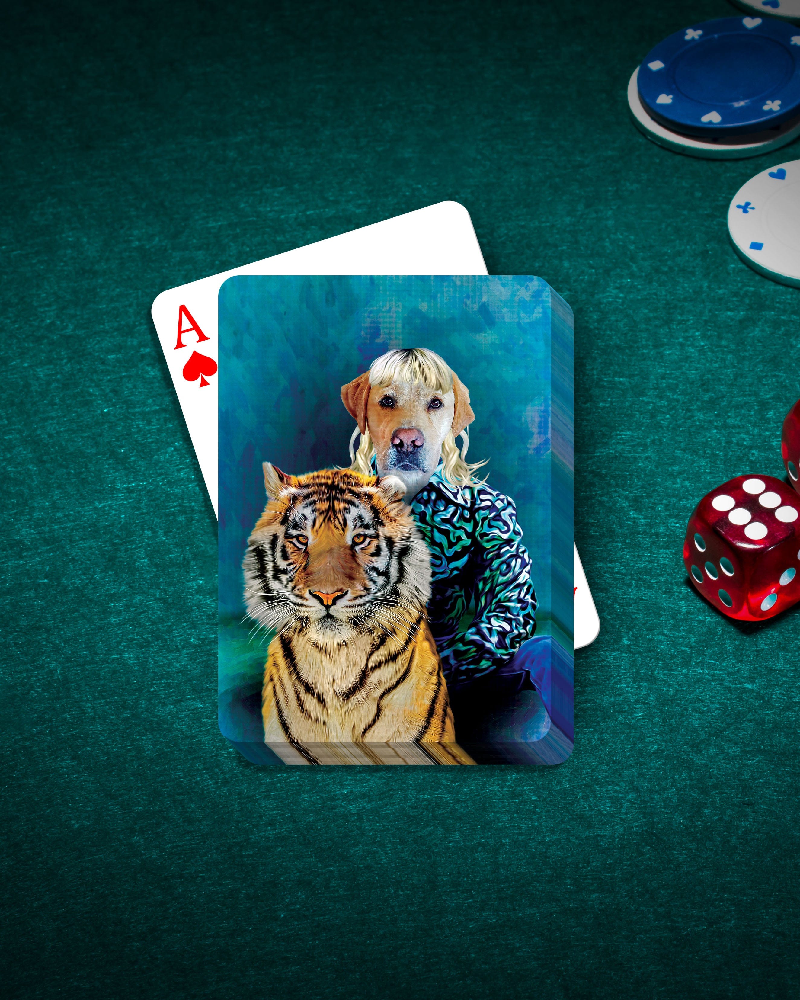 Personalized playing cards featuring a custom pet portrait of a dog and tiger in a unique artistic style.