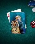 Personalized playing cards featuring a custom pet portrait of a dog and tiger in a unique artistic style.