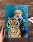 Personalized pet puzzle featuring a dog and tiger in a "Woofer King" style portrait.