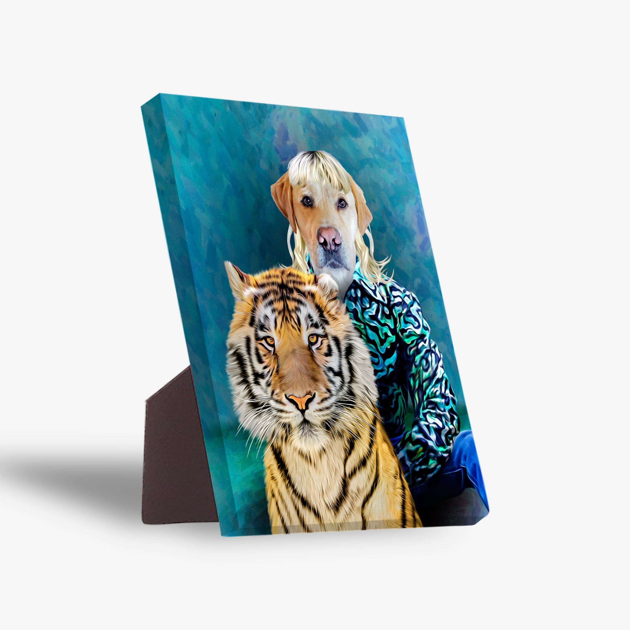 Personalized pet standing canvas featuring a dog's head on a person's body with a tiger, against a blue background.