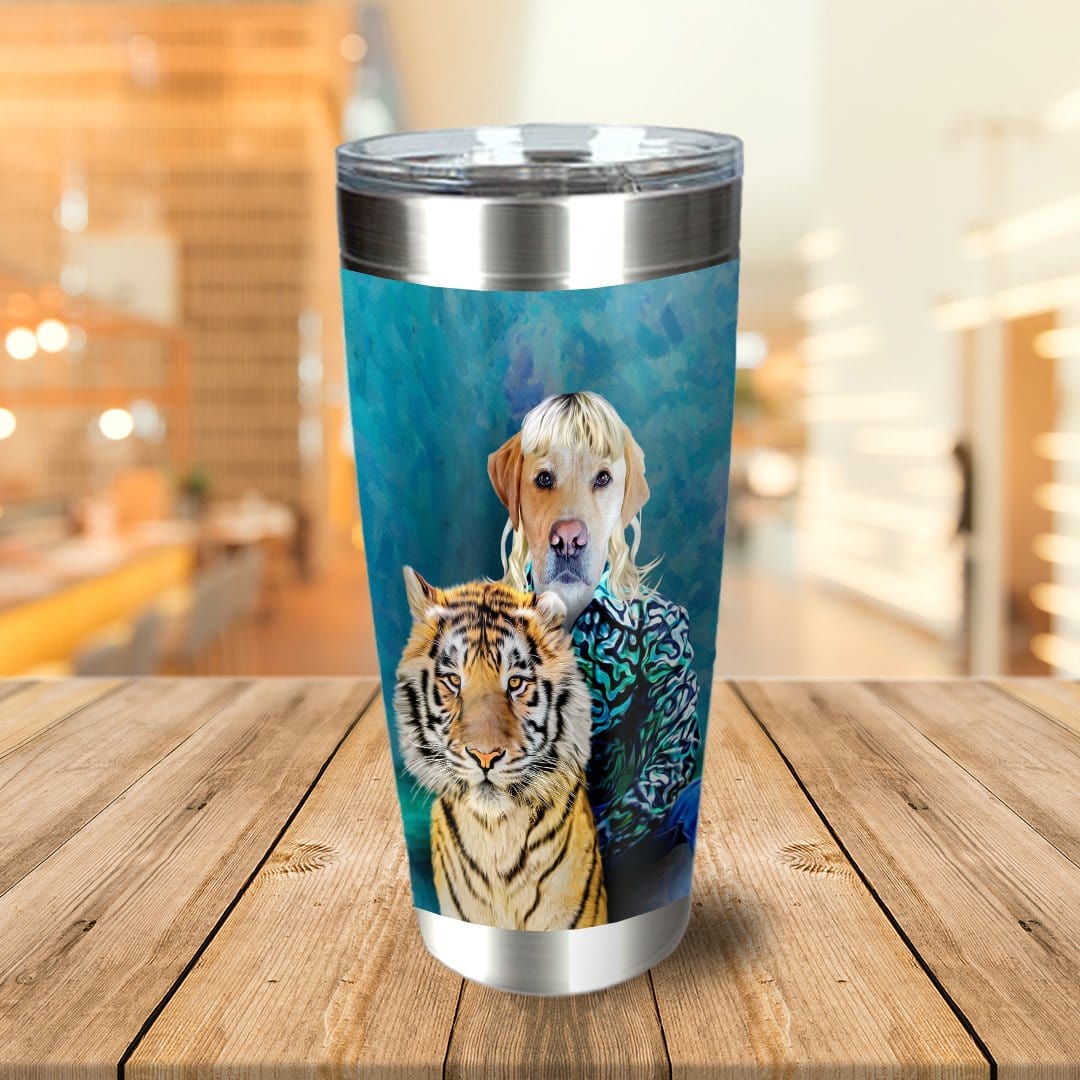 Personalized stainless steel tumbler with a custom dog portrait in a blonde wig next to a tiger.