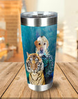 Personalized stainless steel tumbler with a custom dog portrait in a blonde wig next to a tiger.