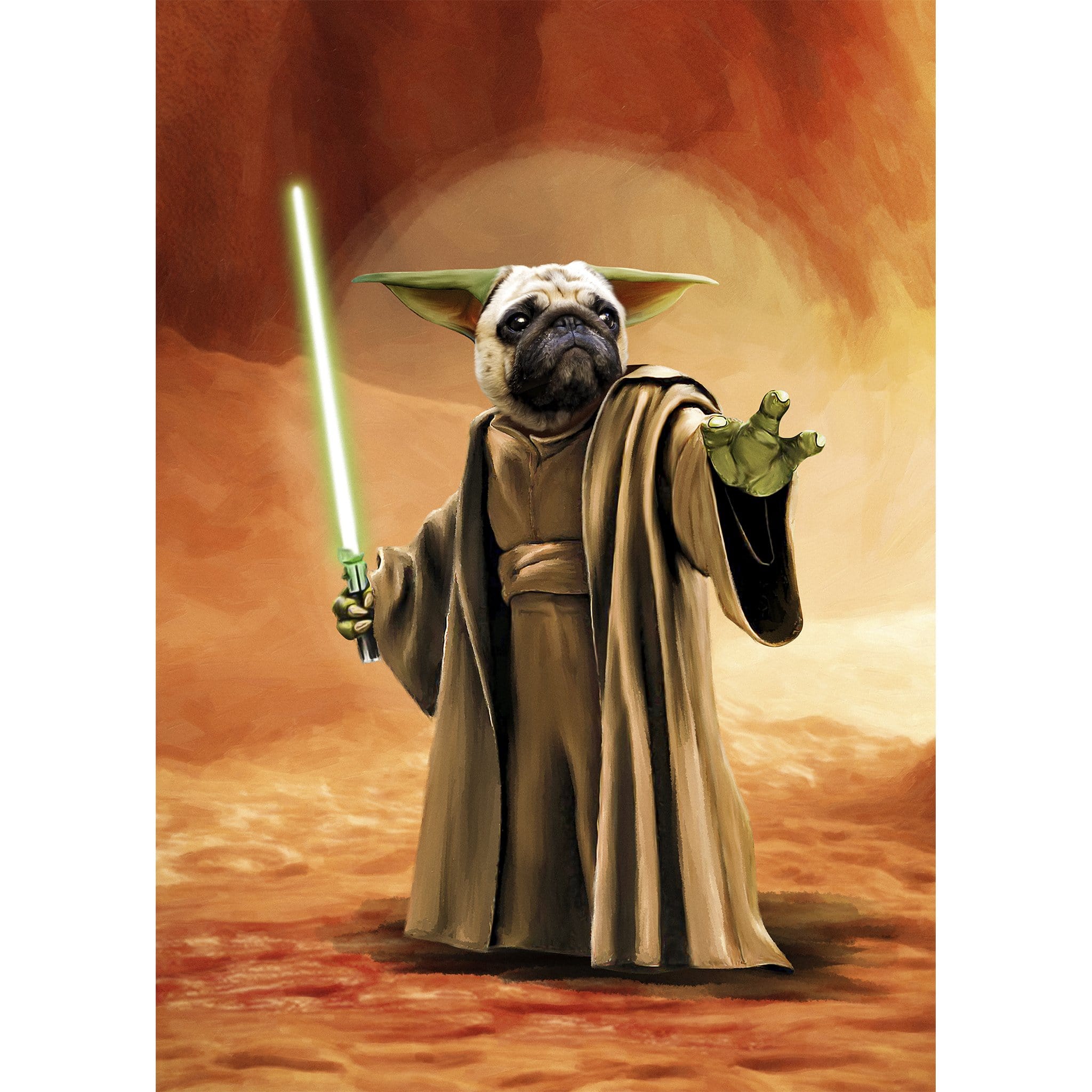 Custom digital portrait of a pug dog as Yoda holding a green lightsaber.