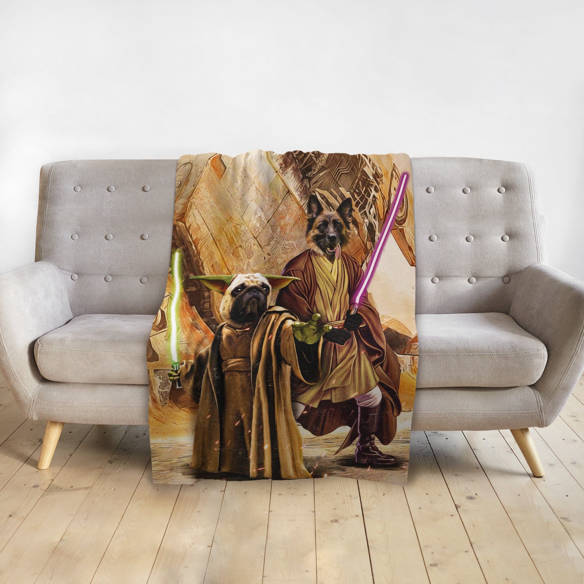 Custom personalized blanket with two pets as Star Wars characters, a French Bulldog as Yoda and a German Shepherd as a Jedi.