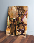 Personalized canvas featuring a pug as Yoda and a German Shepherd as a Jedi, holding lightsabers.
