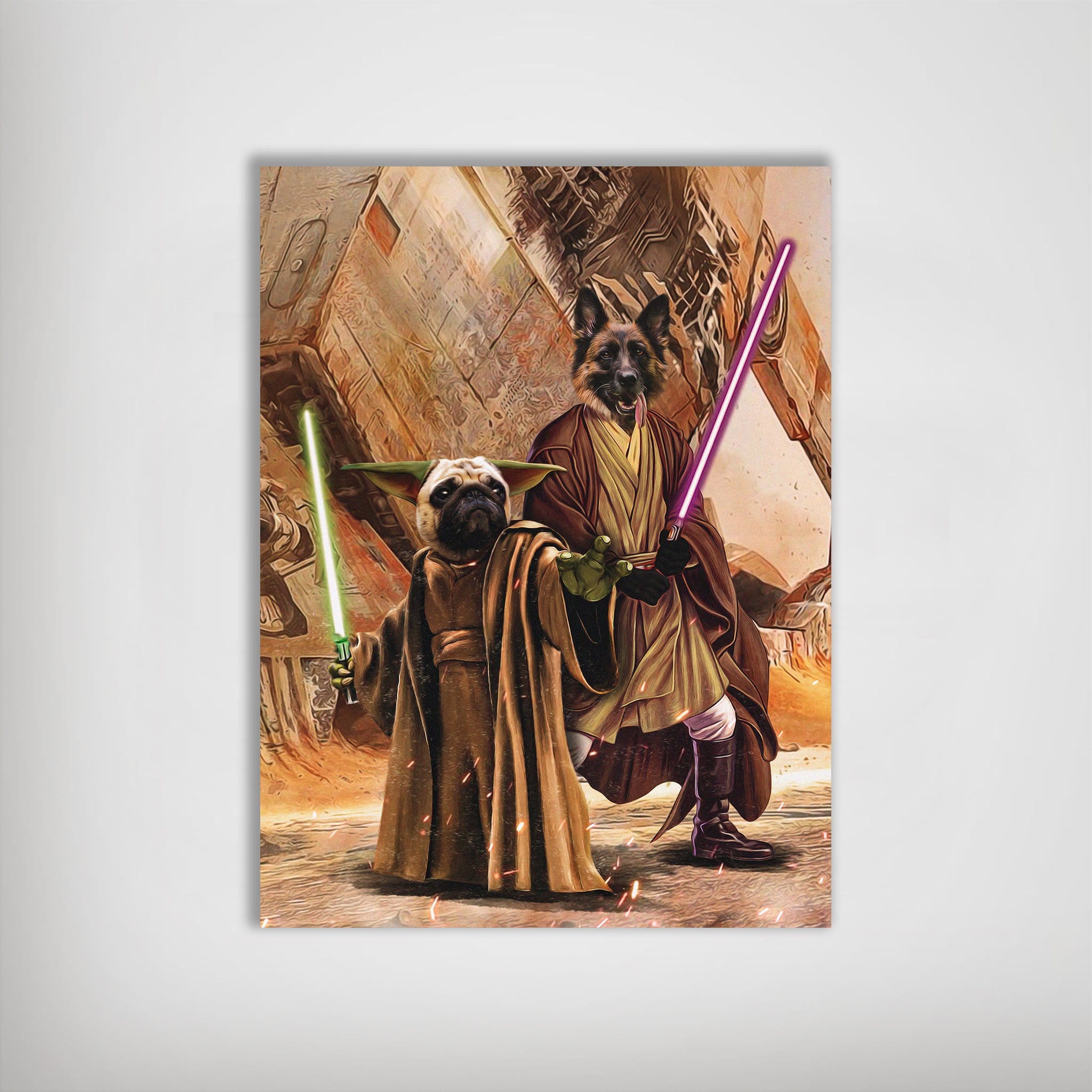 Personalized 'Yodogg & Jedi-Doggo' poster featuring two pets as Star Wars characters with lightsabers.